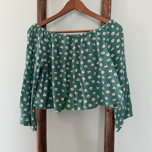 Billabong Floral Off Shoulder top Long Sleeve Blouse  Drawstring Size S - Picture 2 of 4